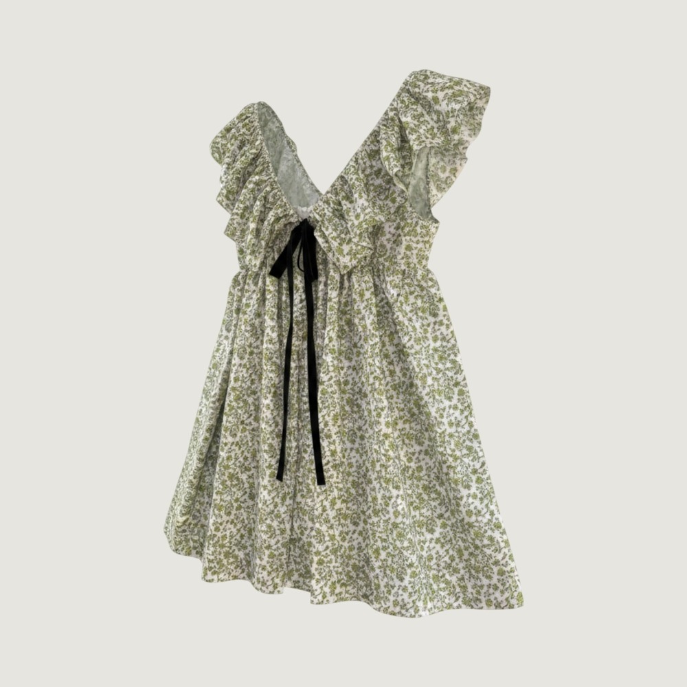 Green Floral Ruffle Babydoll Mini Dress with Velvet Bow V-Neck Size L